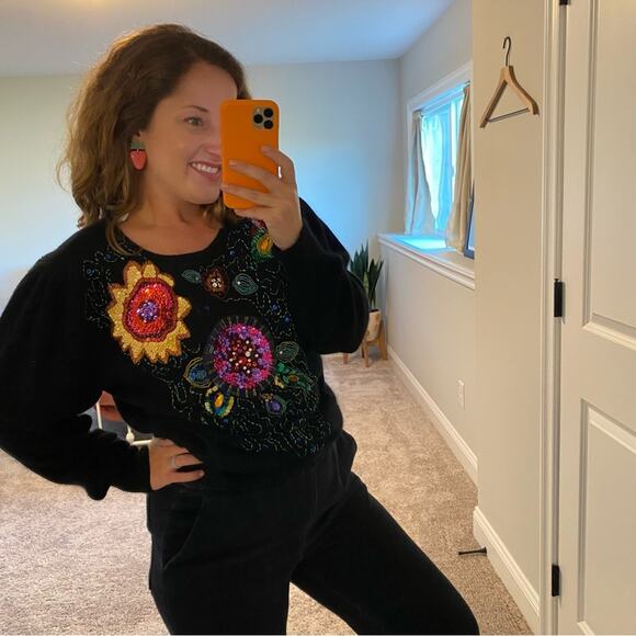 Vintage Cedars Black Embellished Beaded Sequin Silk Angora Sweater Small - Picture 2 of 12